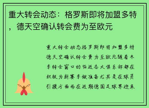 重大转会动态：格罗斯即将加盟多特，德天空确认转会费为至欧元